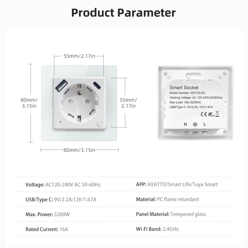Immax NEO 07544L - Slimme wandcontactdoos (type E) 16A/230V + 1x USB-A + 1x USB-C PD 20W Tuya Wi-Fi