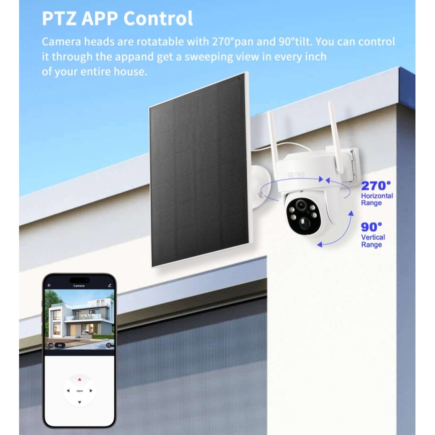 Immax NEO 07804L - Slimme buitenzonnecamera met sensor 9000 mAh Wi-Fi Tuya IP65