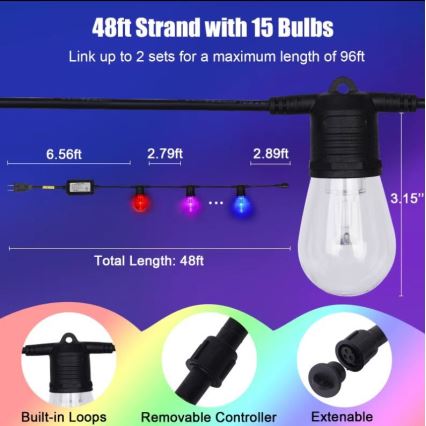 LED RGB+CCT Dimbaar buitenshuis ketting SLINGER 15xLED/1W/230V 15m Wi-Fi Tuya IP65 + afstandsbediening