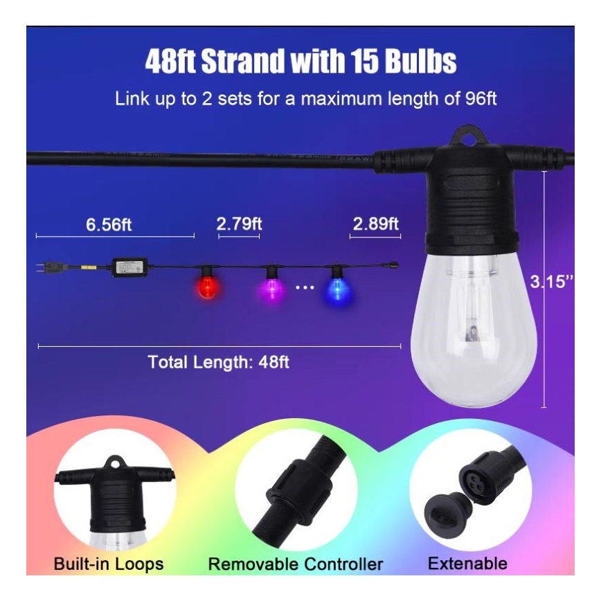 LED RGB+CCT Dimbaar buitenshuis ketting SLINGER 15xLED/1W/230V 15m Wi-Fi Tuya IP65 + afstandsbediening