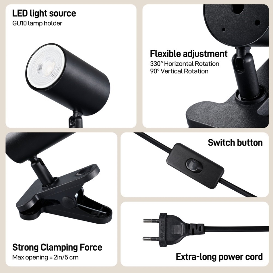 Immax NEO 08291L - Klemlamp PUNTO 1xGU10/9W/230V černá