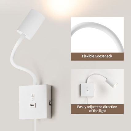 Immax NEO 08296L - Wandlamp PUNTO met USB, 1x GU10/9W/230V, wit