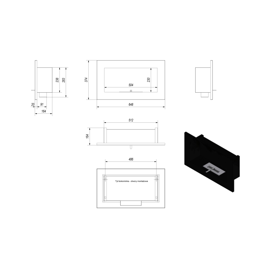 Kratki - Inbouw BIO haard 37,4x64,8 cm 1kW zwart