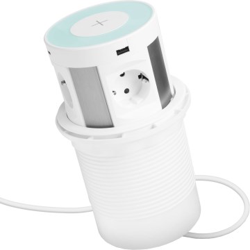 Inbouw-stroomzuil voor tafelblad met draadloos opladen 4x230V + 2xUSB-A + 2xUSB-C wit