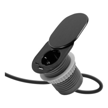 Inbouwstopcontact met schuifdeksel, 1x stopcontact + USB-C + USB-A, zwart