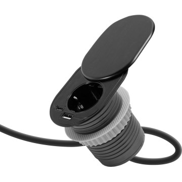 Inbouwstopcontact met schuifdeksel 1Z + USB-C + USB-A zwart