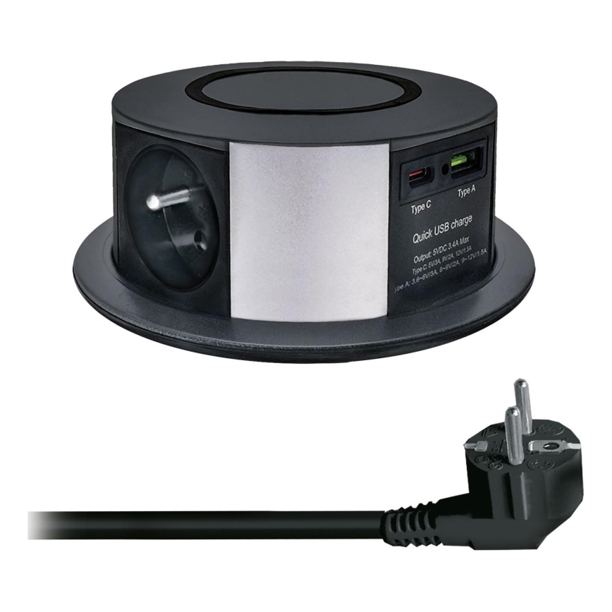 Inbouwstopcontactkolom voor tafelblad met draadloos Qi-opladen 3x230V + 1xUSB-A + 1xUSB-C zwart/zilver