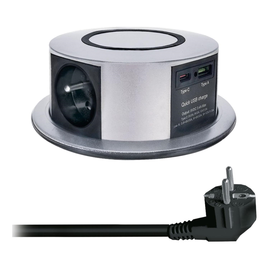 Inbouwstopcontactkolom voor tafelblad met Qi draadloos opladen 3x230V + 1xUSB-A + 1xUSB-C zilver/zwart