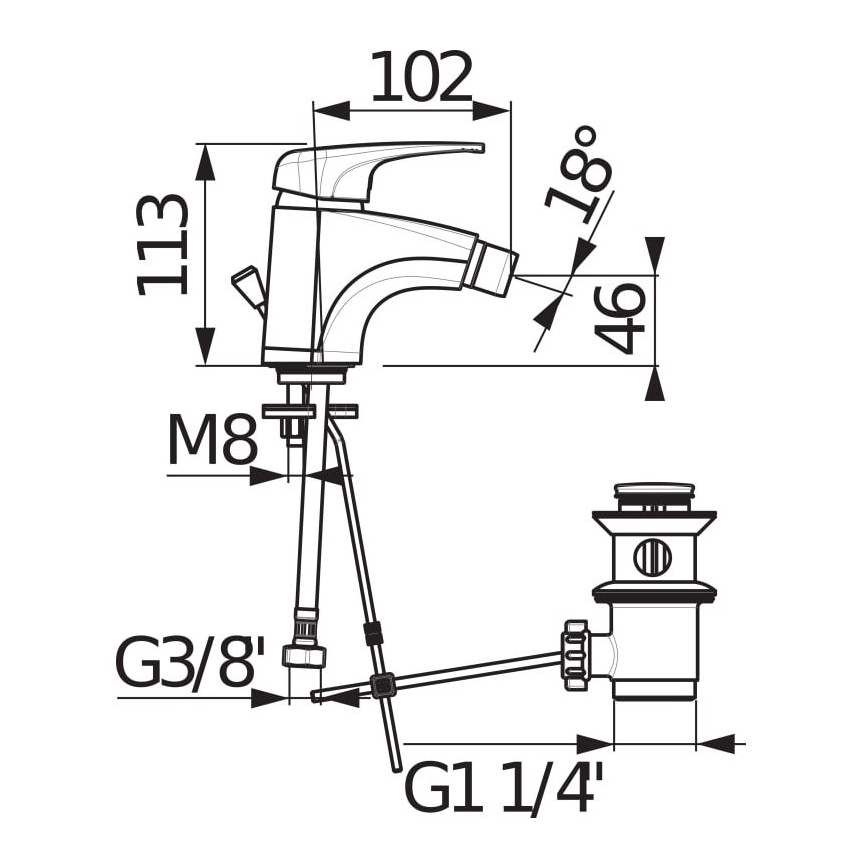 JIKA H3411U10041111 - Bidetkraan + afvoer zonder overloop DEEP 11,3 cm glanzend chroom