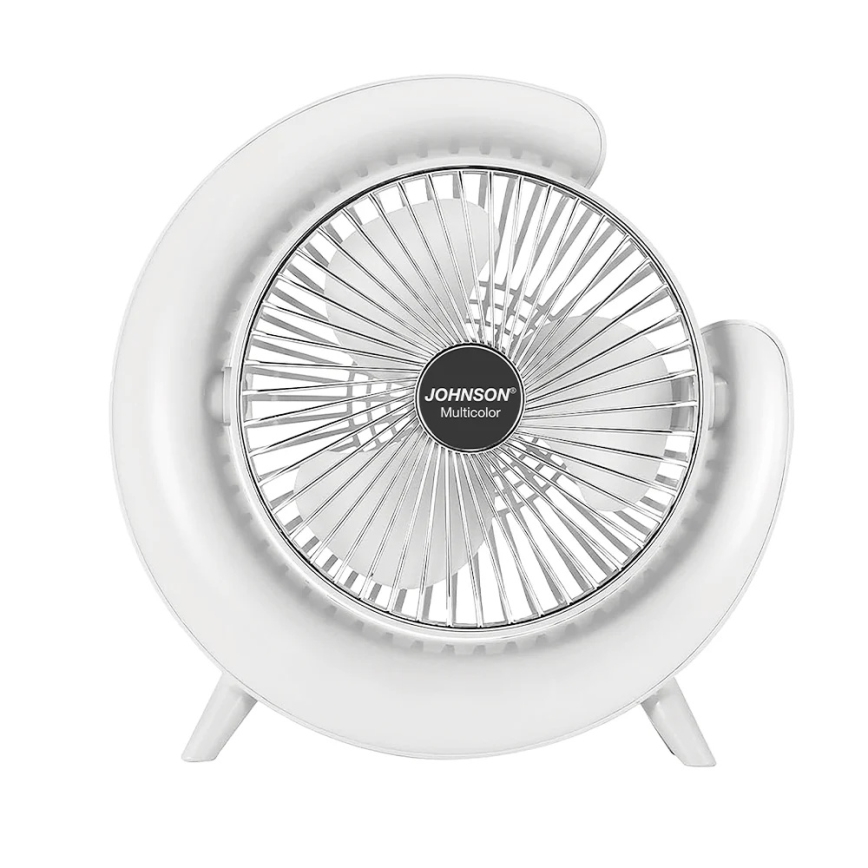 JOHNSON - RGB-LED oplaadbare tafelventilator MULTICOLOR LED/5W/3,7V 1200 mAh Ø 14 cm wit