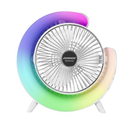 JOHNSON - RGB-LED oplaadbare tafelventilator MULTICOLOR LED/5W/3,7V 1200 mAh Ø 14 cm wit
