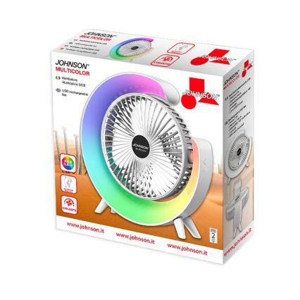 JOHNSON - RGB-LED oplaadbare tafelventilator MULTICOLOR LED/5W/3,7V 1200 mAh Ø 14 cm wit