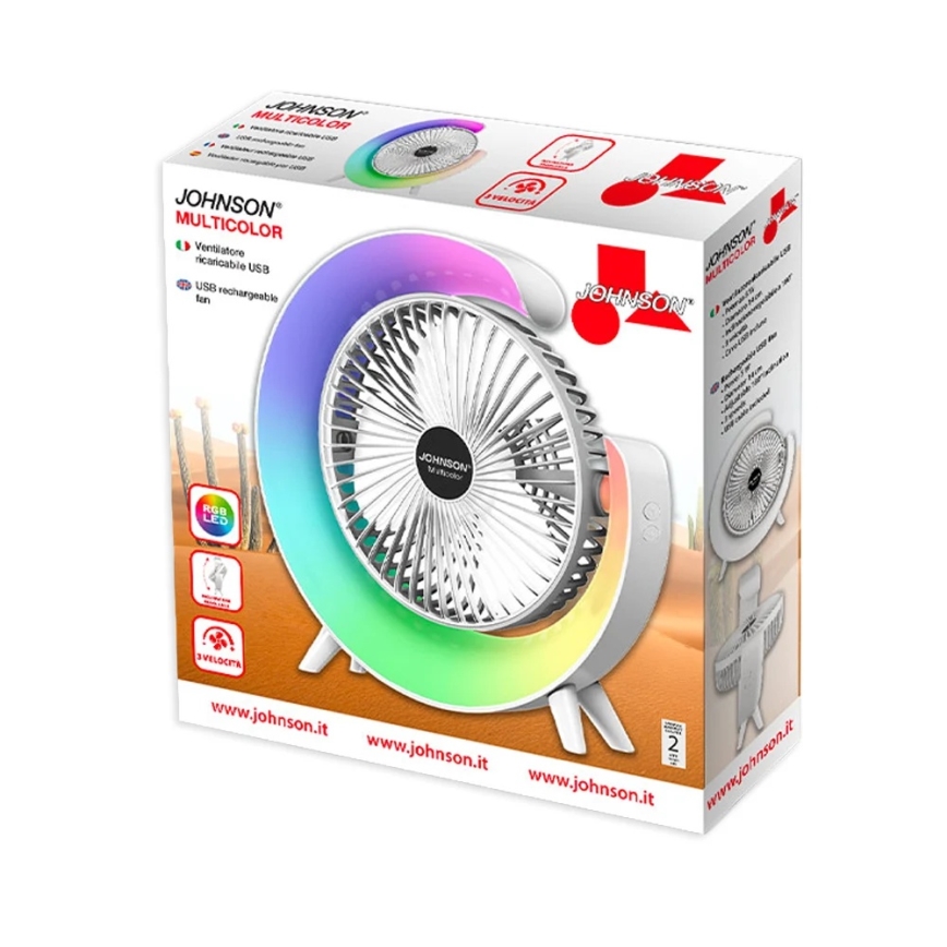 JOHNSON - RGB-LED oplaadbare tafelventilator MULTICOLOR LED/5W/3,7V 1200 mAh Ø 14 cm wit