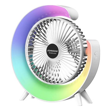 JOHNSON - RGB-LED oplaadbare tafelventilator MULTICOLOR LED/5W/3,7V 1200 mAh Ø 14 cm wit