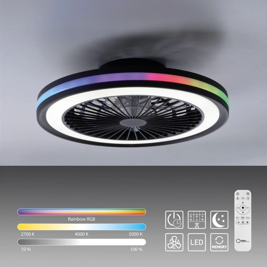 JUST LIGHT. 14649-18 - LED RGBW dimbare plafondventilator met licht BRANDON LED/36W/230V 2700-5000K Ø 46,5 cm zwart + afstandsbediening
