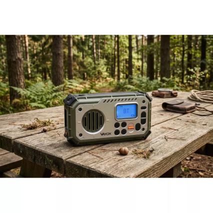 Kampeerradio met handdynamo, zonnepaneel en LED-zaklamp met powerbankfunctie 5V/3xAAA/2000 mAh IPX4 groen