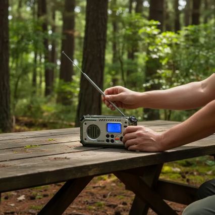 Kampeerradio met handdynamo, zonnepaneel en LED-zaklamp met powerbankfunctie 5V/3xAAA/2000 mAh IPX4 groen