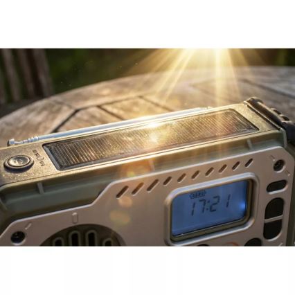 Kampeerradio met handdynamo, zonnepaneel en LED-zaklamp met powerbankfunctie 5V/3xAAA/2000 mAh IPX4 groen