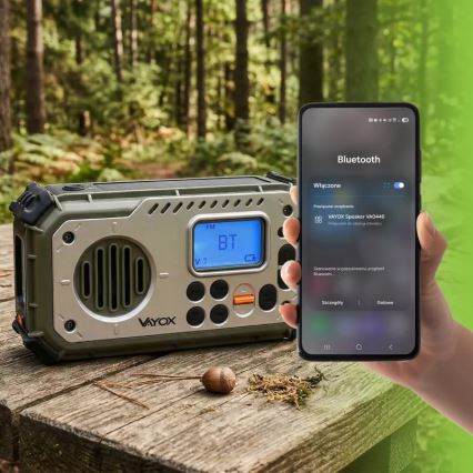 Kampeerradio met handdynamo, zonnepaneel en LED-zaklamp met powerbankfunctie 5V/3xAAA/2000 mAh IPX4 groen