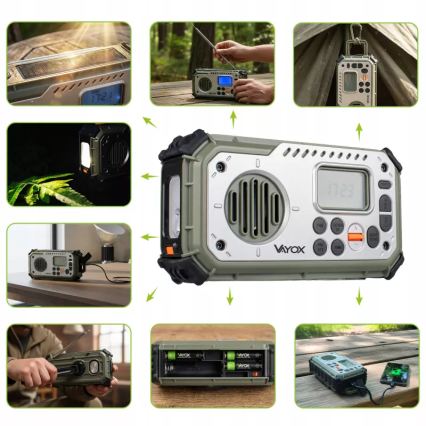Kampeerradio met handdynamo, zonnepaneel en LED-zaklamp met powerbankfunctie 5V/3xAAA/2000 mAh IPX4 groen