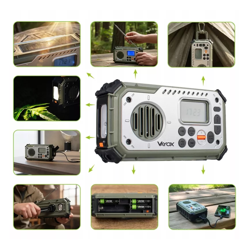 Kampeerradio met handdynamo, zonnepaneel en LED-zaklamp met powerbankfunctie 5V/3xAAA/2000 mAh IPX4 groen