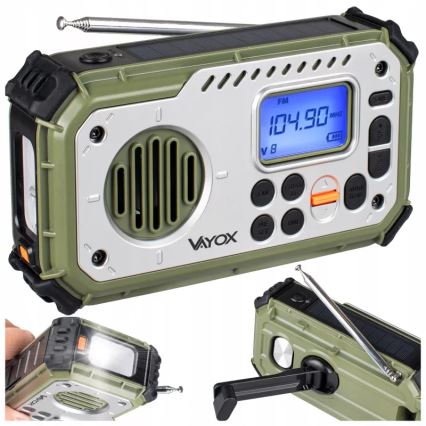 Kampeerradio met handdynamo, zonnepaneel en LED-zaklamp met powerbankfunctie 5V/3xAAA/2000 mAh IPX4 groen