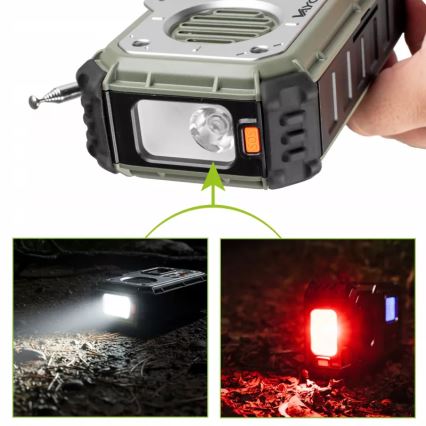 Kampeerradio met handdynamo, zonnepaneel en LED-zaklamp met powerbankfunctie 5V/3xAAA/2000 mAh IPX4 groen