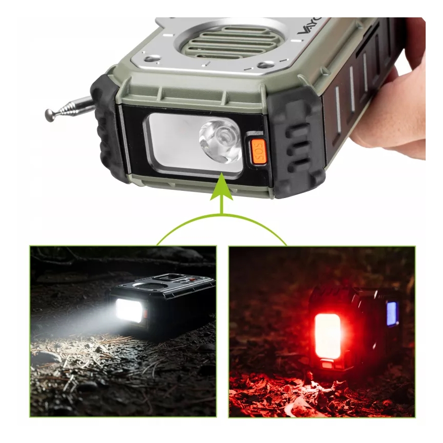 Kampeerradio met handdynamo, zonnepaneel en LED-zaklamp met powerbankfunctie 5V/3xAAA/2000 mAh IPX4 groen
