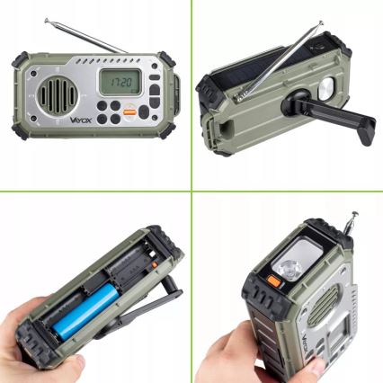 Kampeerradio met handdynamo, zonnepaneel en LED-zaklamp met powerbankfunctie 5V/3xAAA/2000 mAh IPX4 groen