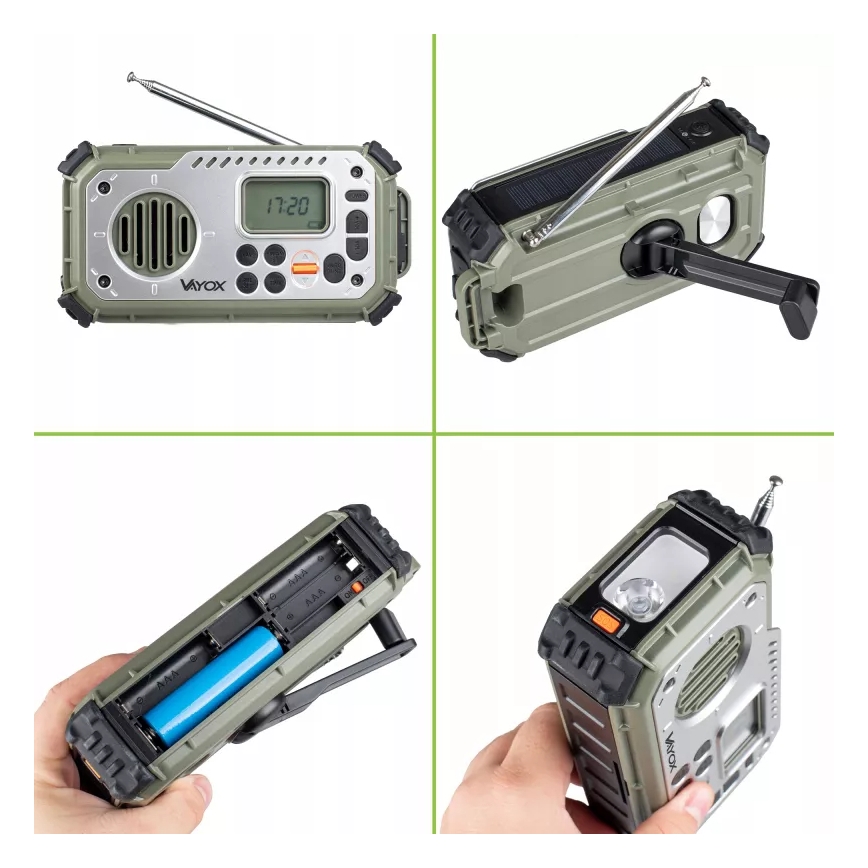 Kampeerradio met handdynamo, zonnepaneel en LED-zaklamp met powerbankfunctie 5V/3xAAA/2000 mAh IPX4 groen