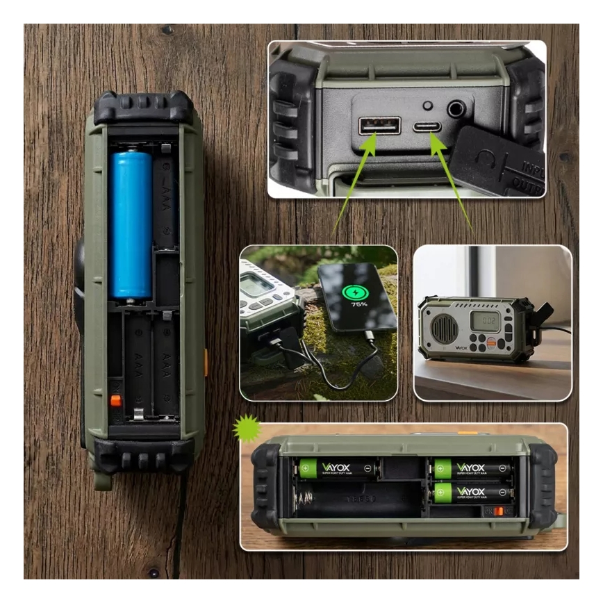 Kampeerradio met handdynamo, zonnepaneel en LED-zaklamp met powerbankfunctie 5V/3xAAA/2000 mAh IPX4 groen