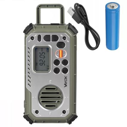 Kampeerradio met handdynamo, zonnepaneel en LED-zaklamp met powerbankfunctie 5V/3xAAA/2000 mAh IPX4 groen