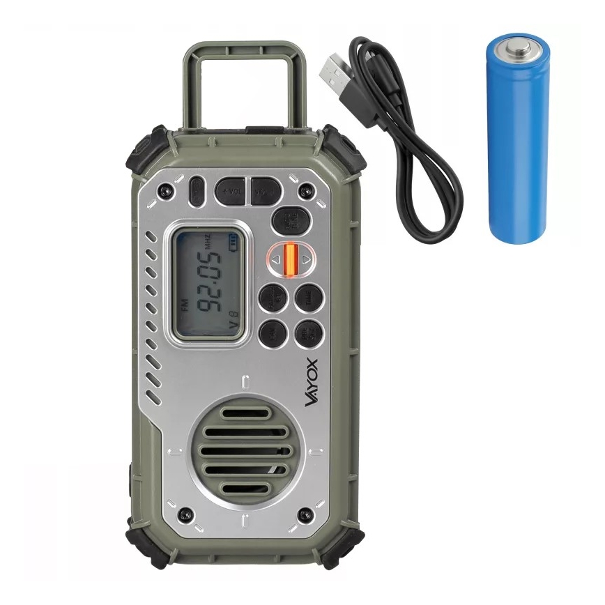 Kampeerradio met handdynamo, zonnepaneel en LED-zaklamp met powerbankfunctie 5V/3xAAA/2000 mAh IPX4 groen