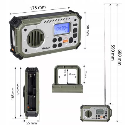 Kampeerradio met handdynamo, zonnepaneel en LED-zaklamp met powerbankfunctie 5V/3xAAA/2000 mAh IPX4 groen