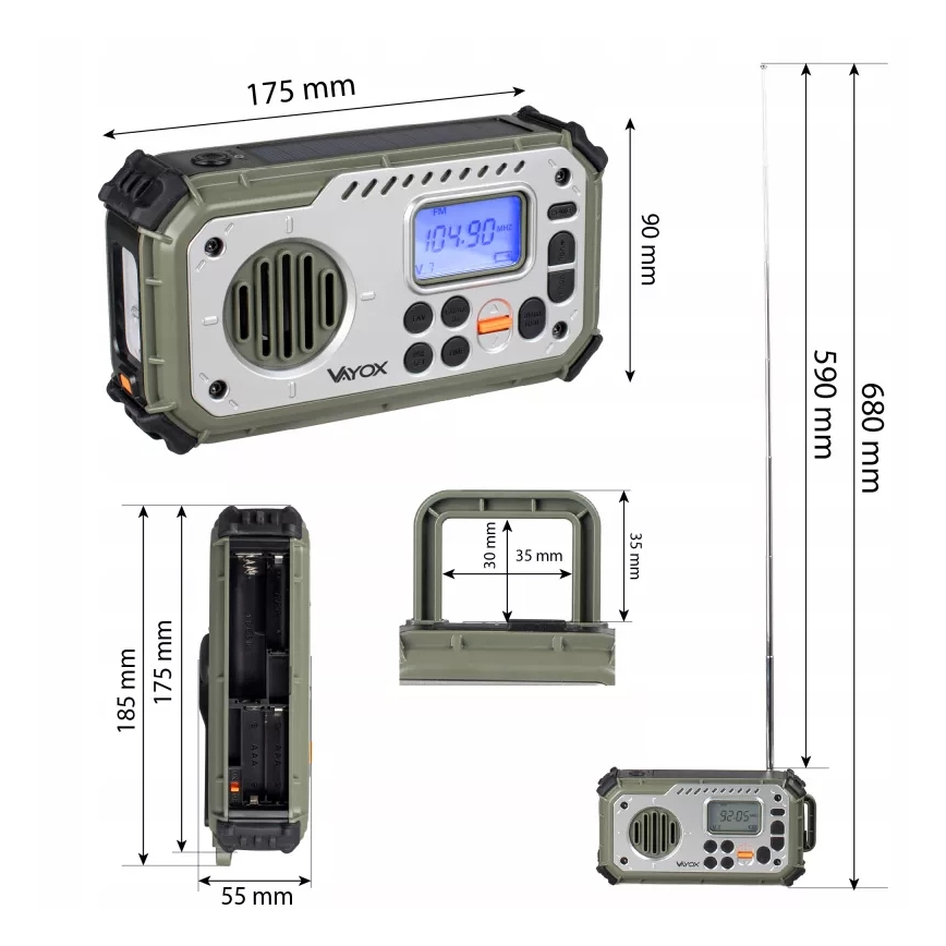 Kampeerradio met handdynamo, zonnepaneel en LED-zaklamp met powerbankfunctie 5V/3xAAA/2000 mAh IPX4 groen