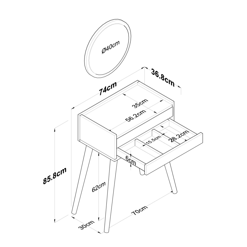 Kaptafel RANI 75x85,8 cm + wall spiegel diameter 40 cm wit