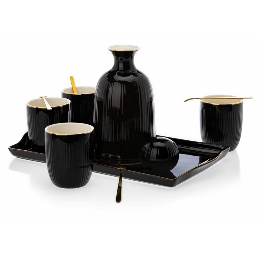Keramische set met kopjes, karaf en dienblad KENDI zwart