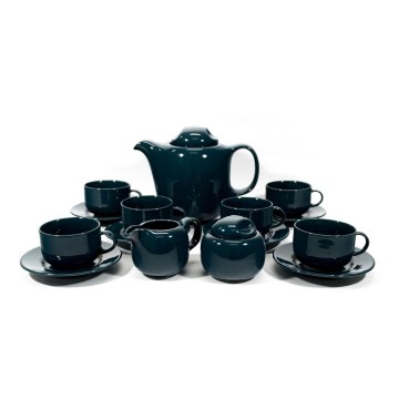 Keramische set met 6 kopjes en schotels, 1 kan met deksel, 1 suikerpot en 1 melkkan