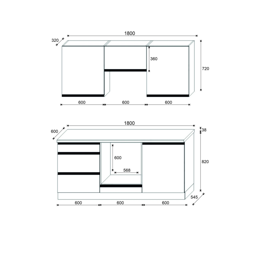 Keukenblok MARINA 180 cm craft eik/hoogglans wit