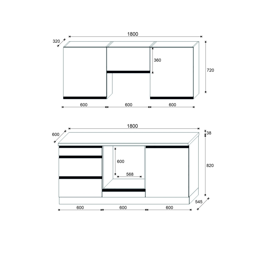 Keukenblok MARINA 180 cm craft eiken/glanzend zwart