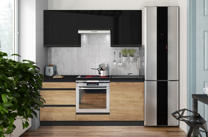 Keukenblok MARINA 180 cm eiken craft/glanzend zwart