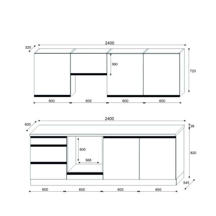Keukenblok MARINA 240 cm craft eiken/glanzend zwart