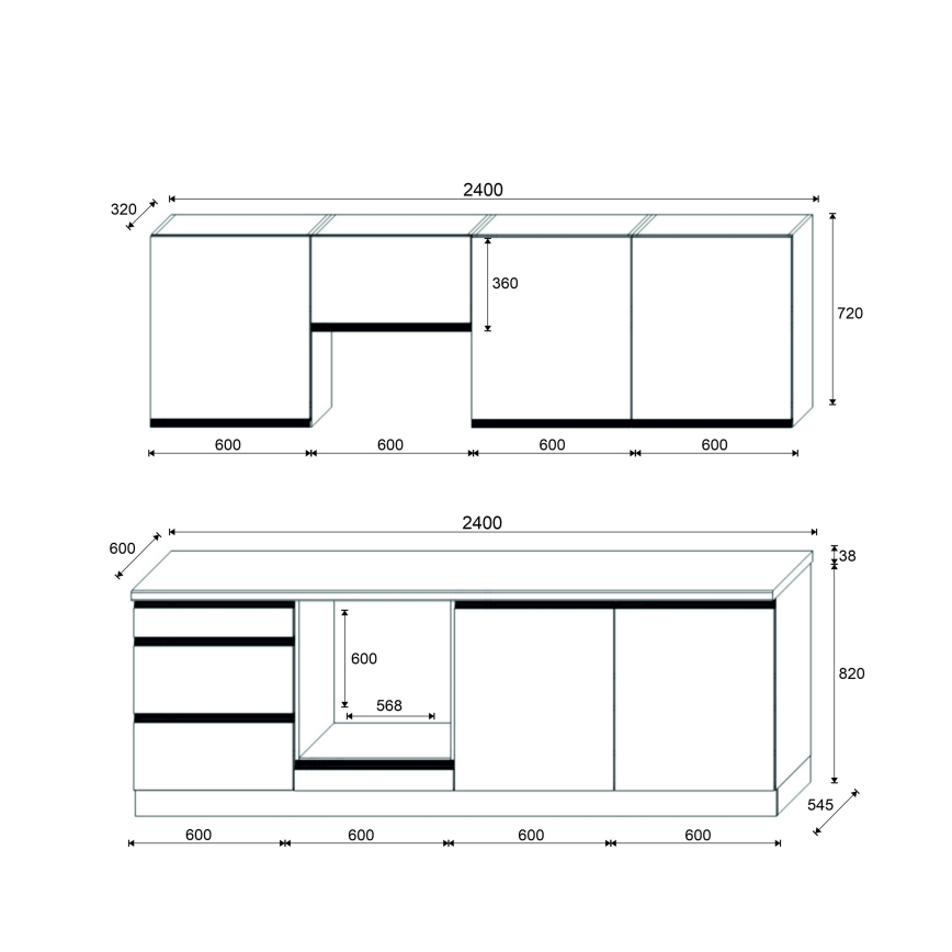 Keukenblok MARINA 240 cm craft eiken/glanzend zwart