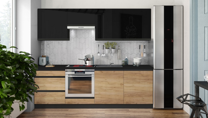 Keukenblok MARINA 240 cm eiken craft/glanzend zwart