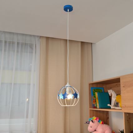 Kinder hanglamp aan een koord STARS 1xE27/15W/230V blauw/wit