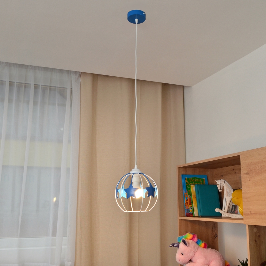 Kinder hanglamp aan een koord STARS 1xE27/15W/230V blauw/wit