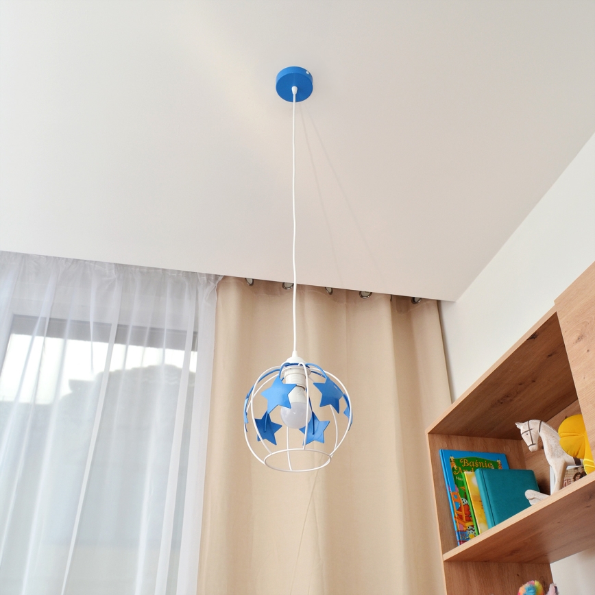 Kinder hanglamp aan een koord STARS 1xE27/15W/230V blauw/wit