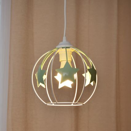 Kinder hanglamp aan een koord STARS 1xE27/15W/230V groen/wit