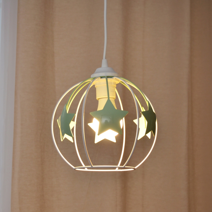 Kinder hanglamp aan een koord STARS 1xE27/15W/230V groen/wit
