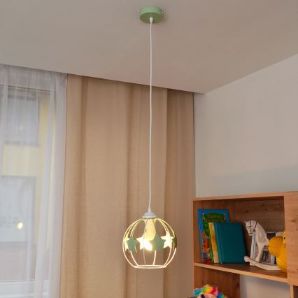Kinder hanglamp aan een koord STARS 1xE27/15W/230V groen/wit